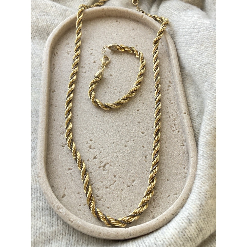 Gold Tone Twisted Rope Chain Necklace & Bracelet Set Two Tone Couture Glam